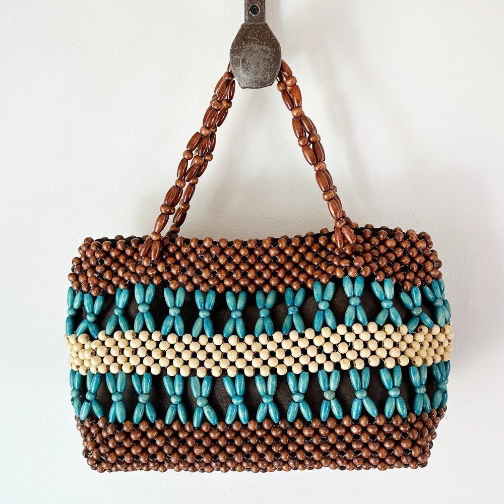 Relativity Wood Beaded Purse‎ Teal Brown Hand Bag